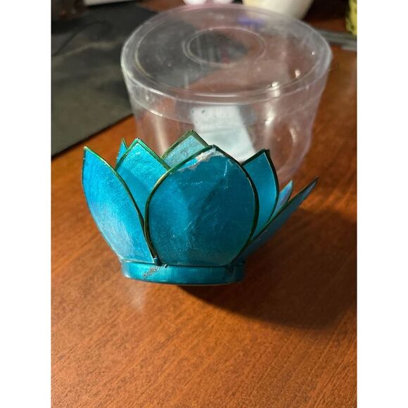 Turquoise Blue Capiz Shell Lotus Flower Tealight Candle Holder - Picture 2 of 2